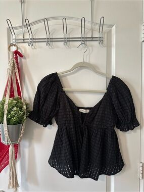 Black Puff-Sleeve Peasant Top